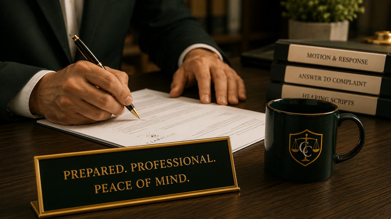 Preparing case documents at a desk with a branded ClariCase mug and a 'Prepared. Professional. Peace of Mind.' desk sign