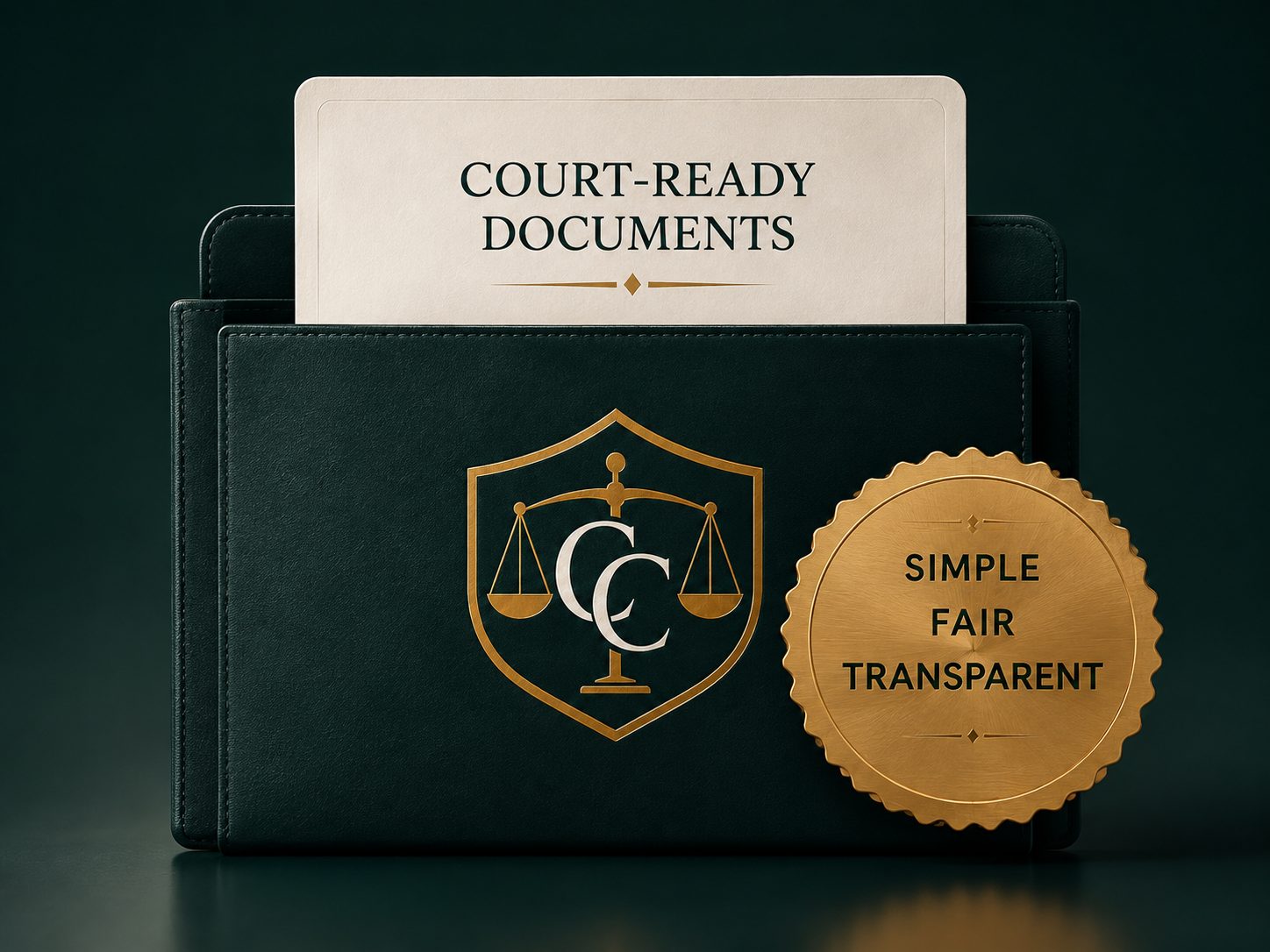 Court-ready documents folder with the ClariCase seal, marked Simple, Fair, Transparent